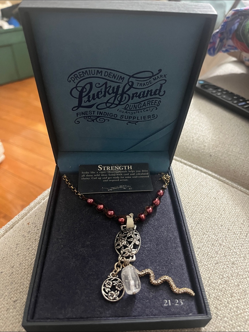 Lucky Brand jewelry Garnet Bead Necklace Silver Floral Pendant Charms NEW